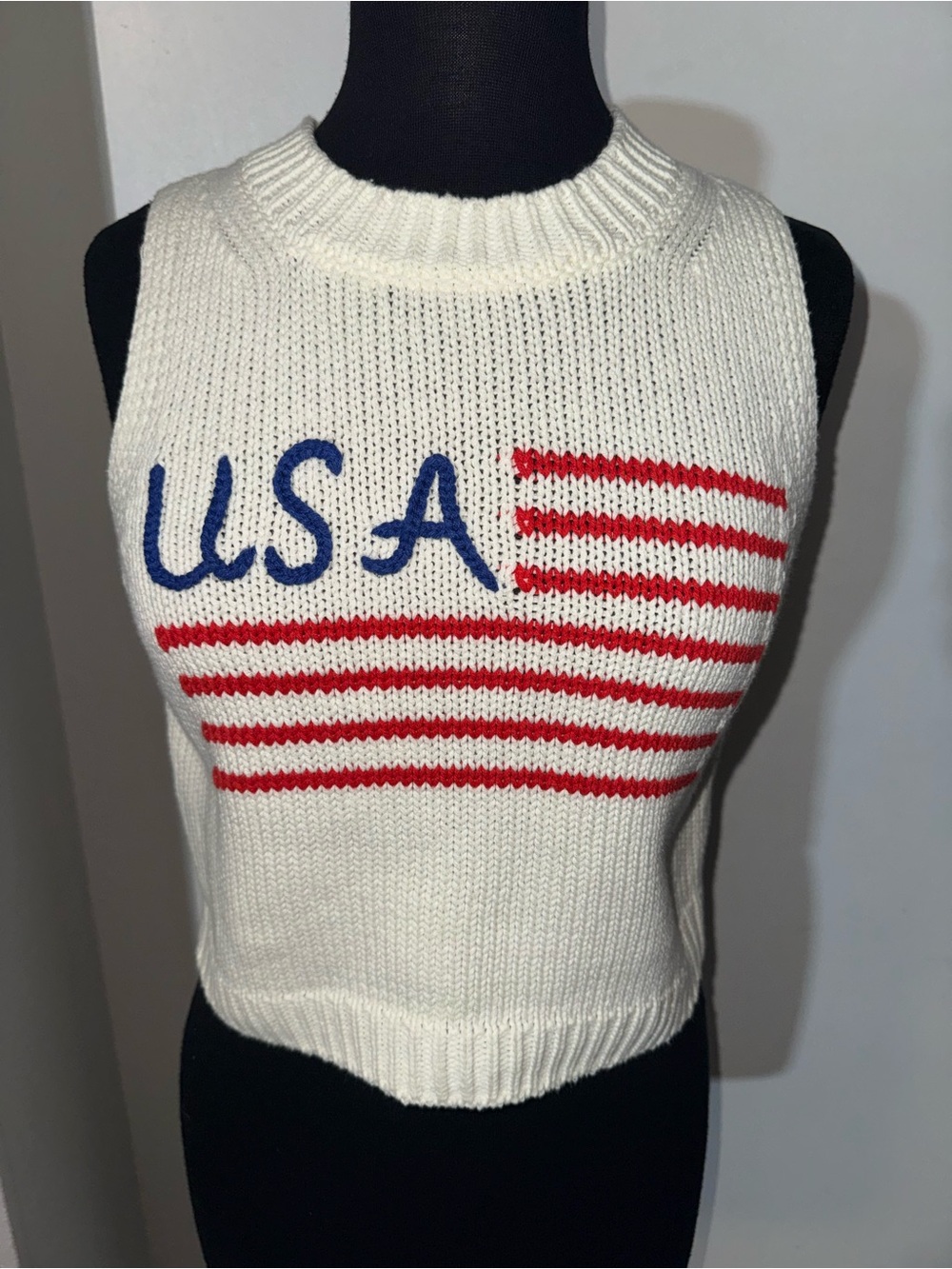 Sleeveless USA Knit Crop Sweater Tank in Cream-White